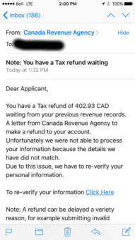 Canadian Revenue Agency Tax Refund Notice is an Email Phishing Scam